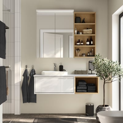 ÄNGSJÖN / BACKSJÖN Meuble lavabo/vasque/mitigeur, blanc brillant/effet chêne/blanc marbré, 49x21 1/2x16 1/4 "