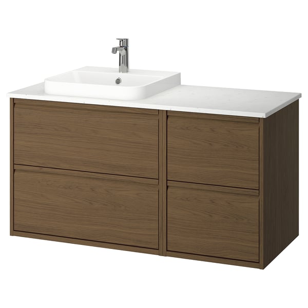 ÄNGSJÖN / BACKSJÖN Meuble lavabo/vasque/mitigeur, brun eff chêne/blanc marbré, 49x21 1/2x28 1/4 "
