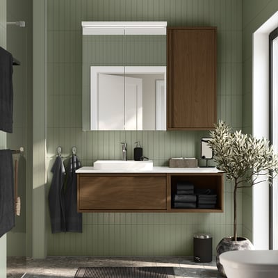 ÄNGSJÖN / BACKSJÖN Meuble lavabo/vasque/mitigeur, brun eff chêne/blanc marbré, 49x21 1/2x16 1/4 "