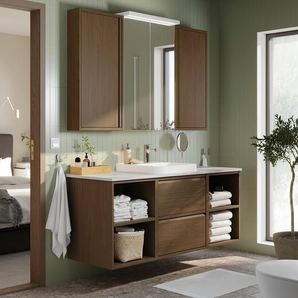 ÄNGSJÖN / BACKSJÖN Meuble lavabo/vasque/mitigeur, brun eff chêne/blanc marbré, 61x21 1/2x28 1/4 "