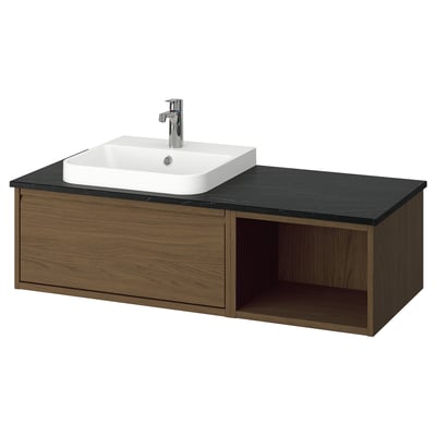 ÄNGSJÖN / BACKSJÖN Meuble lavabo/vasque/mitigeur, brun eff chêne/noir marbré, 49x21 1/2x16 1/4 "