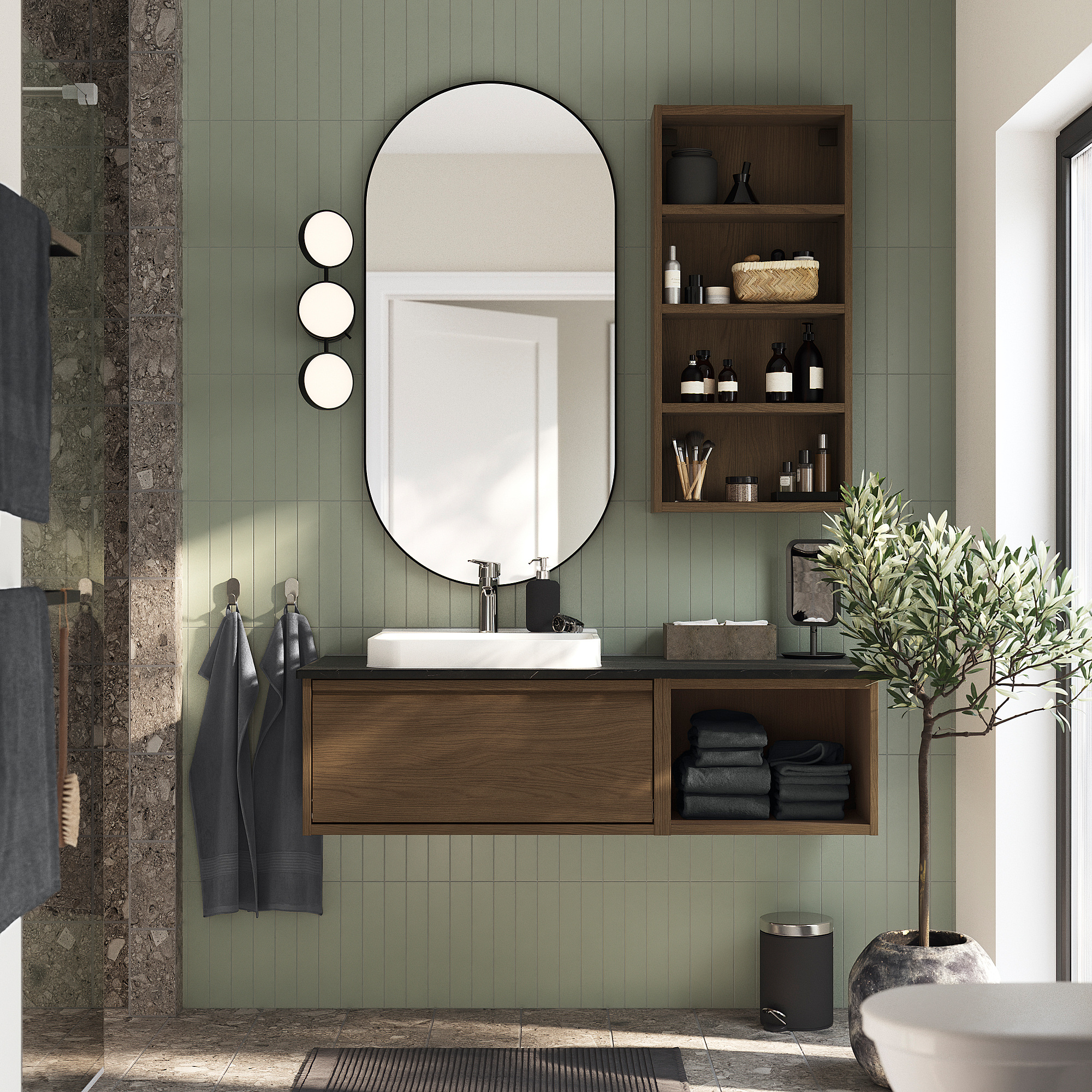 ÄNGSJÖN / BACKSJÖN Meuble lavabo/vasque/mitigeur, brun eff chêne/noir marbré, 49x21 1/2x16 1/4 "