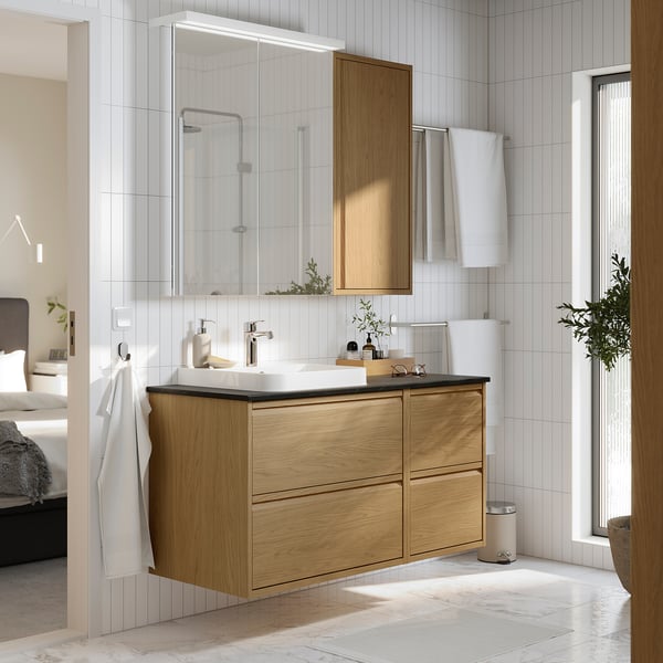 ÄNGSJÖN / BACKSJÖN Meuble lavabo/vasque/mitigeur, eff chêne/noir marbré, 49x21 1/2x28 1/4 "
