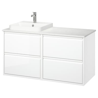ÄNGSJÖN / BACKSJÖN Meuble lavabo/vasque/mitigeur, ultrabrillant blanc/blanc marbré, 49x21 1/2x28 1/4 "