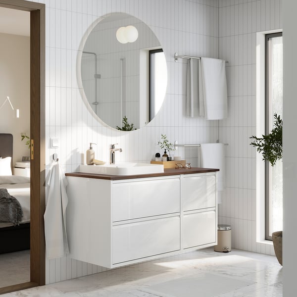 ÄNGSJÖN / BACKSJÖN Meuble lavabo/vasque/mitigeur, ultrabrillant blanc/brun effet noyer, 49x21 1/2x28 1/4 "