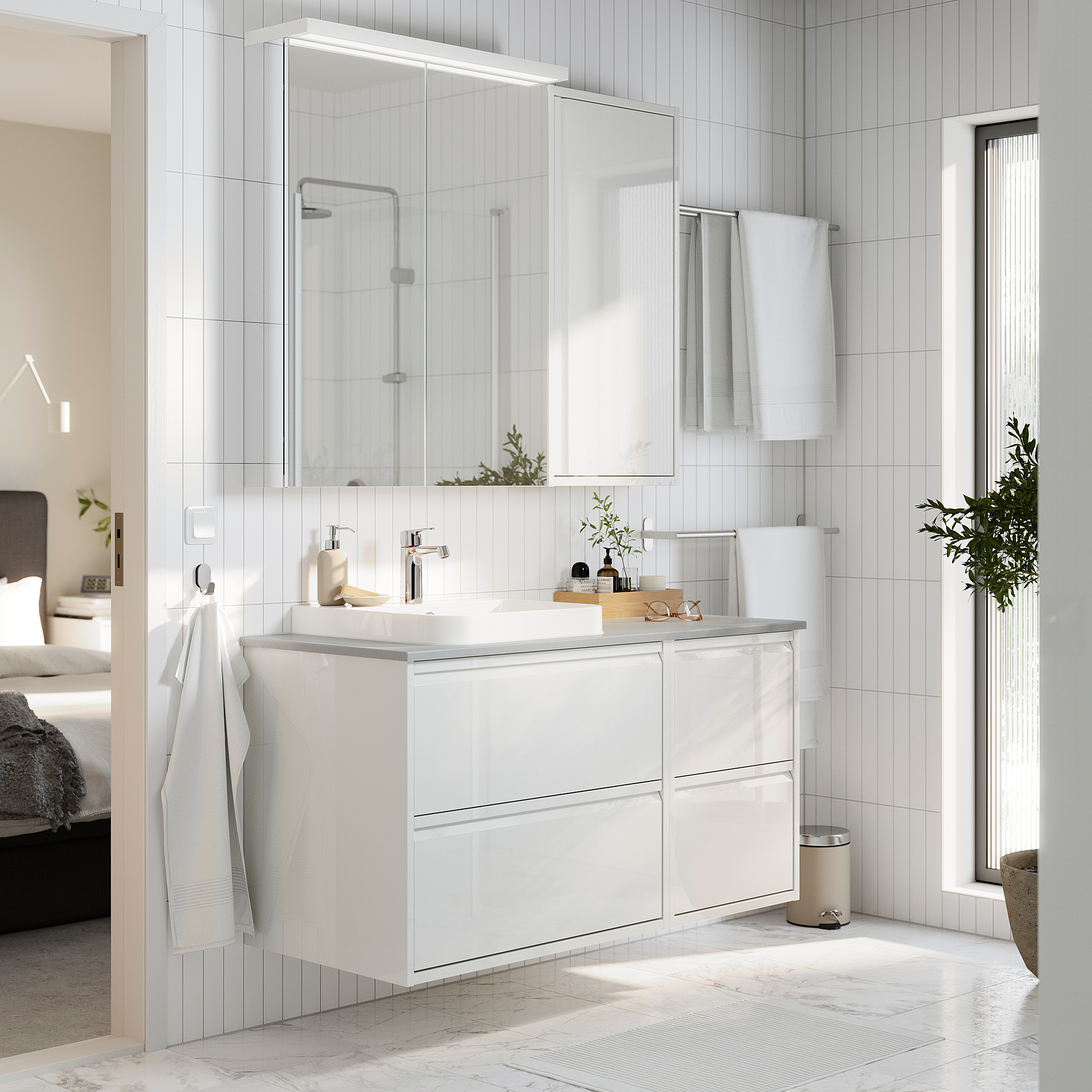 ÄNGSJÖN / BACKSJÖN Meuble lavabo/vasque/mitigeur, ultrabrillant blanc/gris eff pierre, 49x21 1/2x28 1/4 "