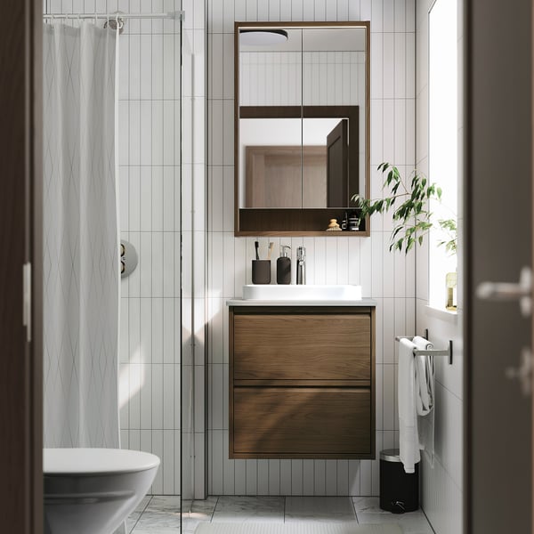 ÄNGSJÖN / BACKSJÖN Meuble sdb avec tiroirs/lavabo, brun eff chêne/gris eff pierre, 25x21 1/2x28 1/4 "