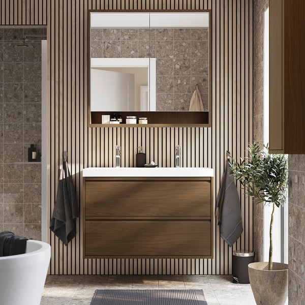 ÄNGSJÖN / BACKSJÖN Meuble sdb avec tiroirs/lavabo, brun eff chêne, 36 1/8x21x27 1/2 "