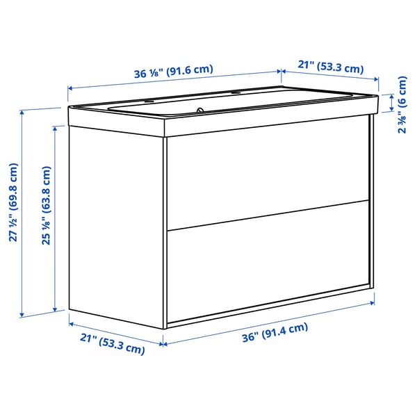 ÄNGSJÖN / BACKSJÖN Meuble sdb avec tiroirs/lavabo, brun eff chêne, 36 1/8x21x27 1/2 "
