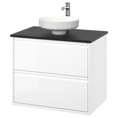 ÄNGSJÖN / LERSJÖN Meuble à tiroirs/lavabo/mitigeur, ultrabrillant blanc/noir marbré, 31x21 1/2x31 3/8 "
