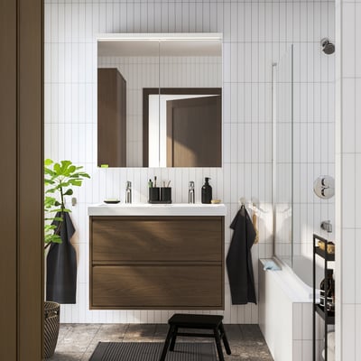 ÄNGSJÖN / ORRSJÖN Meuble-lav à tiroirs/lav/mitigeurs, brun eff chêne, 37 1/8x21 3/4x27 5/8 "