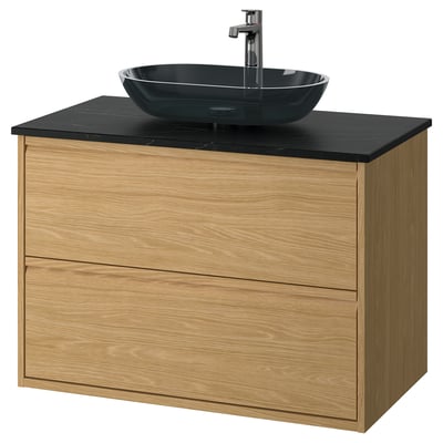 ÄNGSJÖN / OXMYREN Meuble à tiroirs/lavabo/mitigeur, eff chêne/noir marbré, 37x21 1/2x30 5/8 "