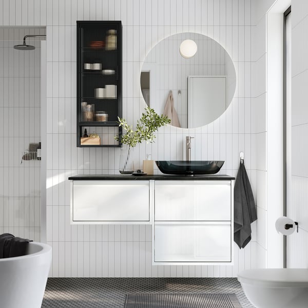 ÄNGSJÖN / OXMYREN Meuble de sdb avec lavabo, ultrabrillant blanc/noir marbré, 49x21 1/2x30 5/8 "
