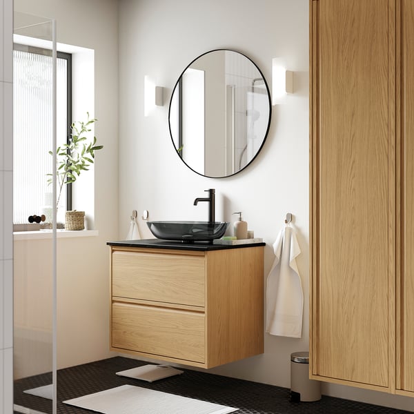 ÄNGSJÖN / OXMYREN Meuble sdb avec tiroirs/lavabo, eff chêne/noir marbré, 31x21 1/2x30 5/8 "