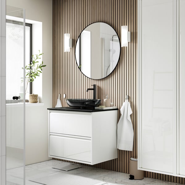 ÄNGSJÖN / OXMYREN Meuble sdb avec tiroirs/lavabo, ultrabrillant blanc/noir marbré, 31x21 1/2x30 5/8 "