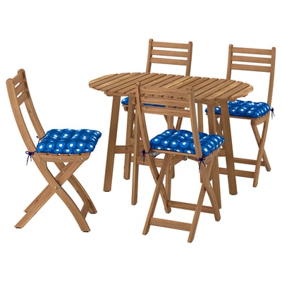 ASKHOLMEN Table à abattants + 4 chaises, ext, pliant brun foncé/Klösan bleu foncé