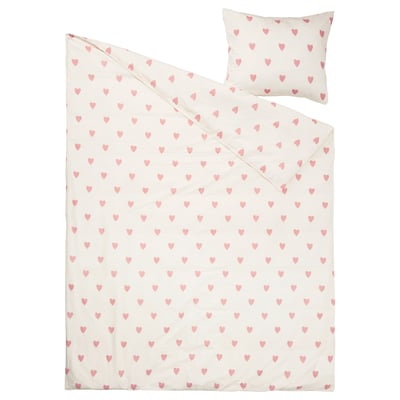 BARNDRÖM Housse de couette et 1 taie, motif coeur blanc/rose, 1 place