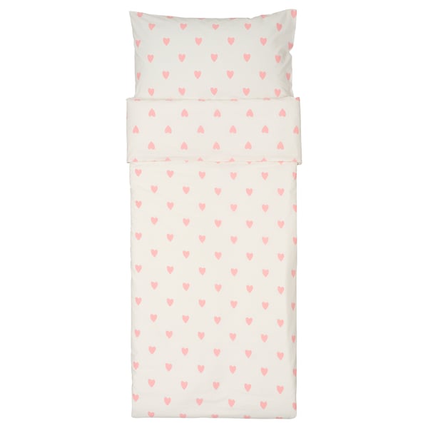 BARNDRÖM Housse de couette et 1 taie, motif coeur blanc/rose, 1 place