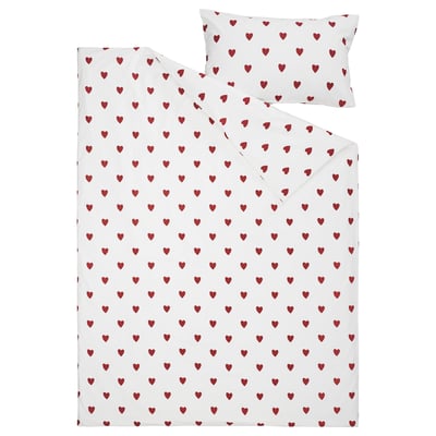 BARNDRÖM Housse de couette et 1 taie, motif coeur/blanc rouge, 1 place