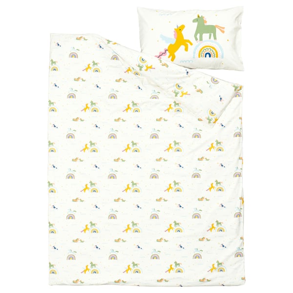 BARNDRÖM Housse de couette et taie, blanc multicolore/motif licorne, 1 place