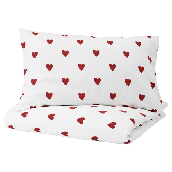 BARNDRÖM Housse de couette et taie, motif coeur/blanc rouge, 1 place
