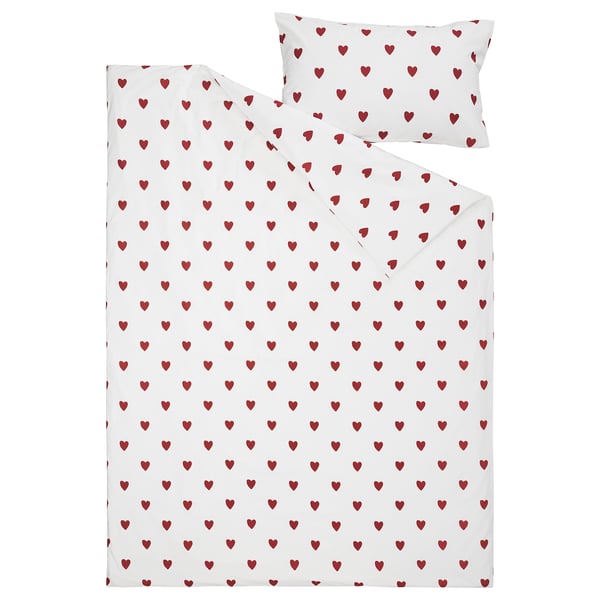 BARNDRÖM Housse de couette et taie, motif coeur/blanc rouge, 1 place