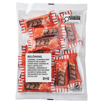 BELÖNING Barre de chocolat au lait, caramel, amandes salées, arachides certifié Rainforest Alliance, 8 oz