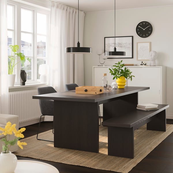 BERGSHYTTAN / TOSSBERG Table, 2 chaises et banc, frêne plaqué brun foncé/Gunnared gris foncé noir, 94 1/2x36 5/8 "