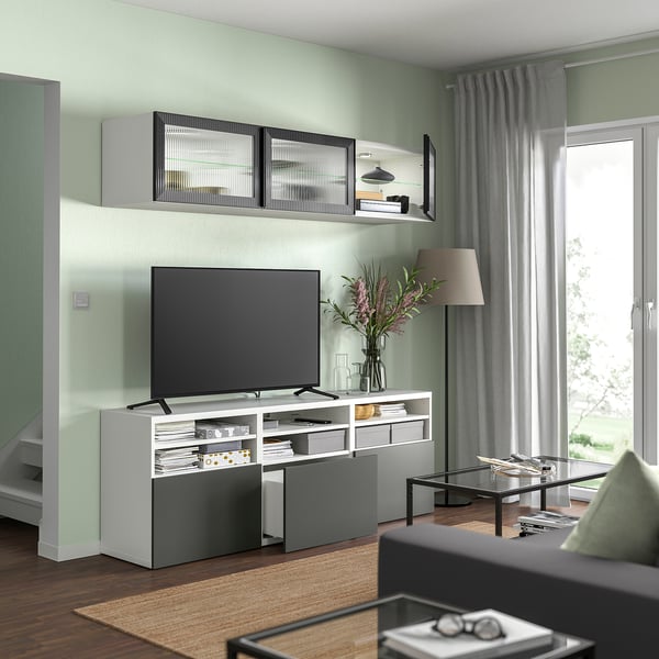 BESTÅ Agenc rangt télé/vitrines, blanc Lappviken/Fällsvik anthracite, 70 7/8x16 1/2x75 5/8 "