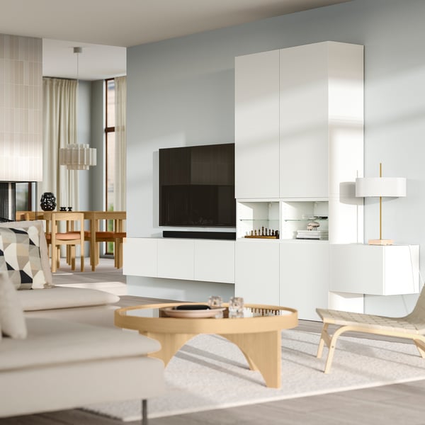 BESTÅ Agencement rangement média, blanc/Lappviken blanc, 141 3/4x16 1/2x91 "