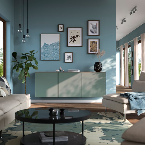 BESTÅ Agencement rangement mural, brun-noir Krukmakare/gris-vert foncé effet noyer, 70 7/8x16 1/2x25 5/8 "