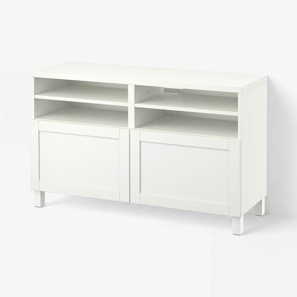 BESTÅ Meuble télé avec portes, blanc/Hanviken/Stubbarp blanc, 47 1/4x16 1/2x29 1/8 "