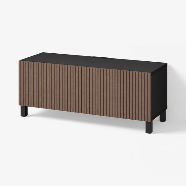 BESTÅ Meuble télé avec portes, brun-noir Björköviken/Stubbarp/brun chêne plaqué teinté, 47 1/4x16 1/2x18 7/8 "