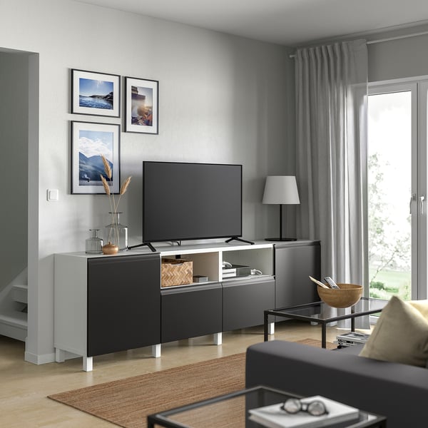 BESTÅ Meuble télé avec portes et tiroirs, blanc/Hammarsmed/Stubbarp anthracite, 94 1/2x16 1/2x29 1/8 "