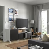 BESTÅ Meuble télé avec portes et tiroirs, blanc/Hammarsmed/Stubbarp anthracite, 94 1/2x16 1/2x29 1/8 "