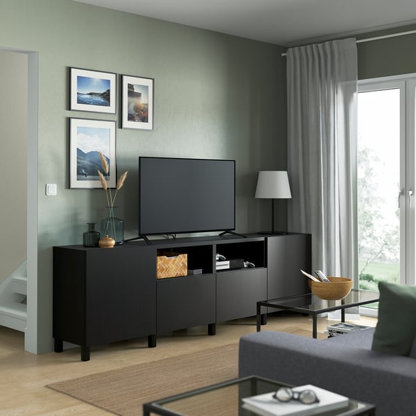 BESTÅ Meuble télé avec portes et tiroirs, brun-noir/Lappviken/Stubbarp brun-noir, 94 1/2x16 1/2x29 1/8 "