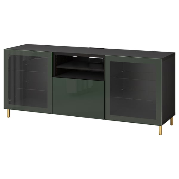BESTÅ Meuble télé avec tiroirs, brun-noir Glassvik/Selsviken/Ösarp vert olive foncé, 70 7/8x16 1/2x29 1/8 "