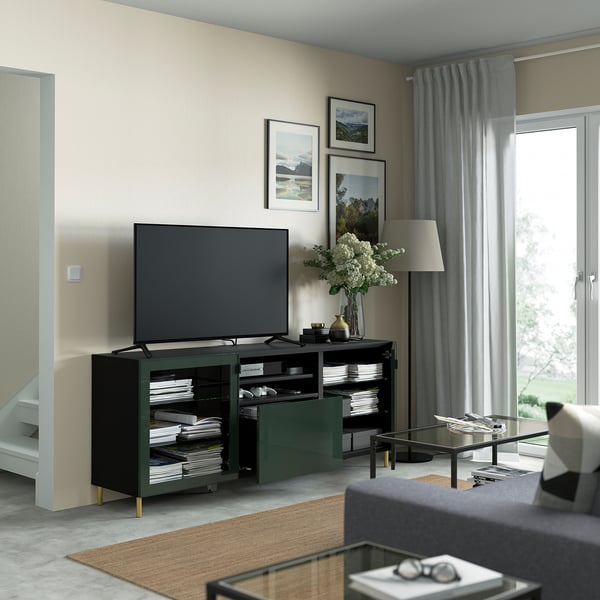 BESTÅ Meuble télé avec tiroirs, brun-noir Glassvik/Selsviken/Ösarp vert olive foncé, 70 7/8x16 1/2x29 1/8 "