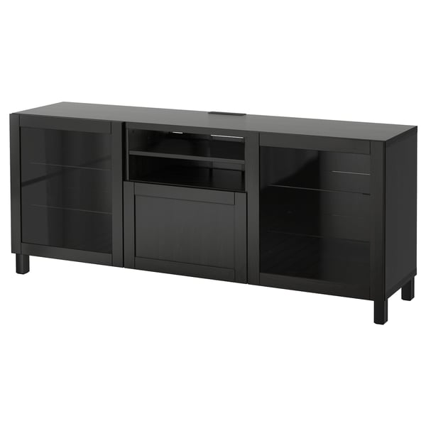 BESTÅ Meuble télé avec tiroirs, brun-noir/Hanviken/Stubbarp verre transparent brun-noir, 70 7/8x16 1/2x29 1/8 "