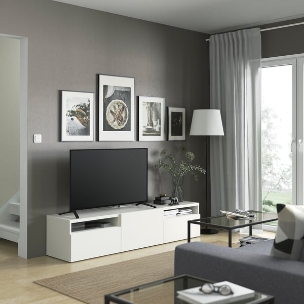 BESTÅ Meuble télé avec tiroirs et porte, blanc/Lappviken blanc, 70 7/8x16 1/2x15 3/8 "