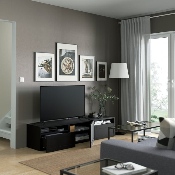 BESTÅ Meuble télé avec tiroirs et porte, brun-noir/Hanviken brun-noir, 70 7/8x16 1/2x15 3/8 "