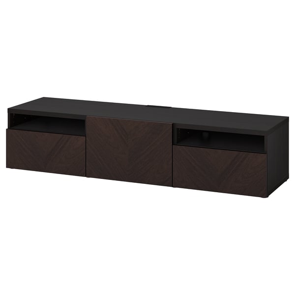 BESTÅ Meuble télé avec tiroirs et porte, brun-noir Hedeviken/brun foncé chêne plaqué teinté, 70 7/8x16 1/2x15 3/8 "