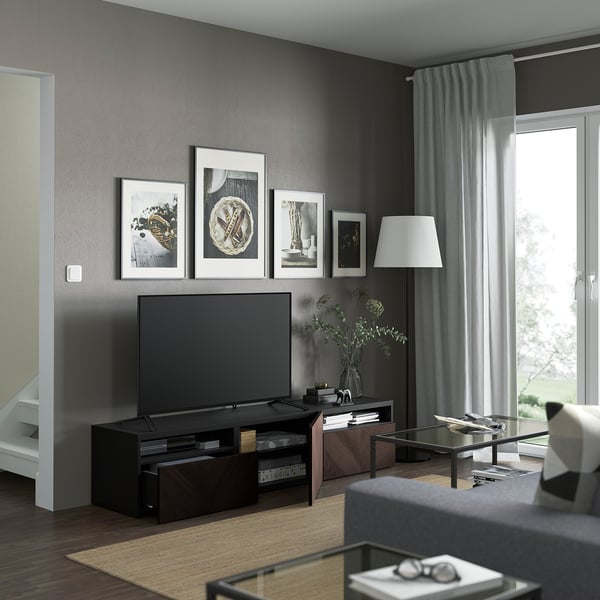 BESTÅ Meuble télé avec tiroirs et porte, brun-noir Hedeviken/brun foncé chêne plaqué teinté, 70 7/8x16 1/2x15 3/8 "