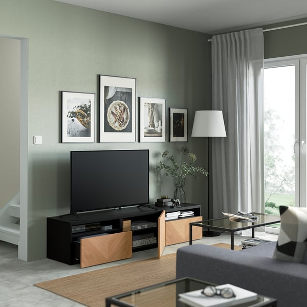 BESTÅ Meuble télé avec tiroirs et porte, brun-noir/Hedeviken chêne plaqué, 70 7/8x16 1/2x15 3/8 "