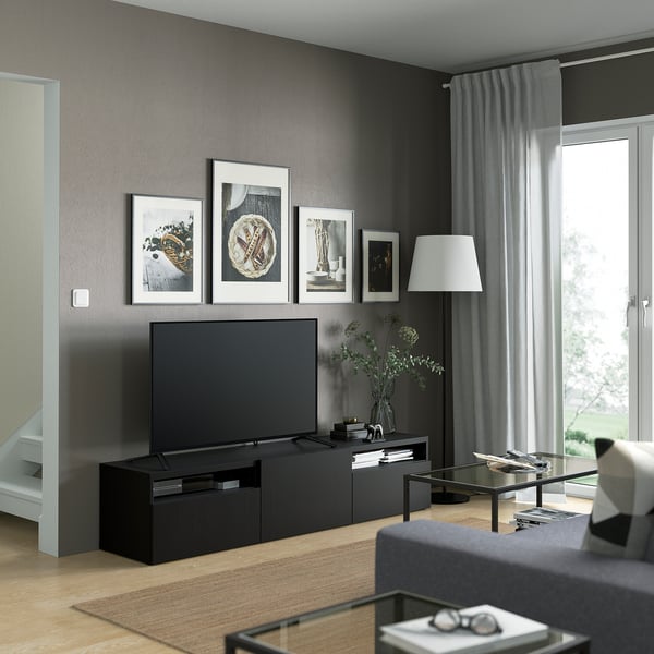 BESTÅ Meuble télé avec tiroirs et porte, brun-noir/Lappviken brun-noir, 70 7/8x16 1/2x15 3/8 "