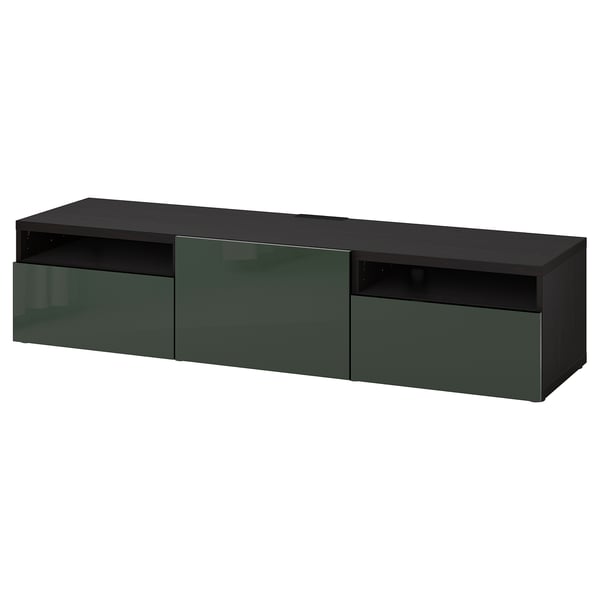BESTÅ Meuble télé avec tiroirs et porte, brun-noir/Selsviken vert olive foncé, 70 7/8x16 1/2x15 3/8 "
