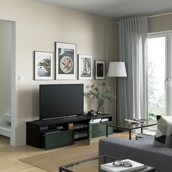 BESTÅ Meuble télé avec tiroirs et porte, brun-noir/Selsviken vert olive foncé, 70 7/8x16 1/2x15 3/8 "