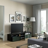 BESTÅ Meuble télé avec tiroirs et porte, brun-noir/Selsviken vert olive foncé, 70 7/8x16 1/2x15 3/8 "