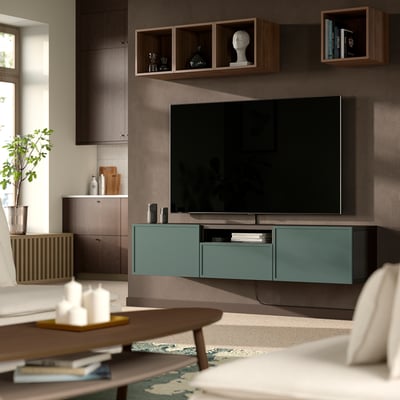BESTÅ Meuble télé, brun-noir/Krukmakare gris-vert foncé, 70 7/8x16 1/2x15 3/8 "