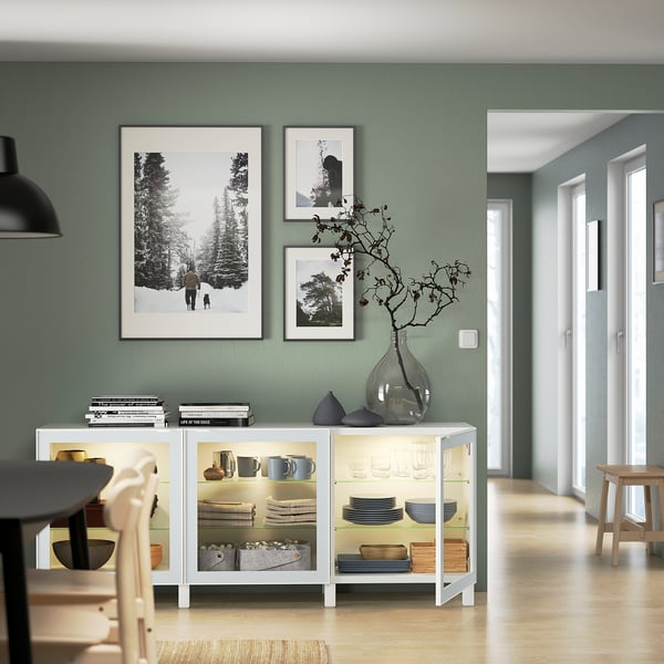BESTÅ Rangement à portes, blanc Glassvik/Stubbarp/blanc/vert clair verre clair, 70 7/8x16 1/2x29 1/8 "
